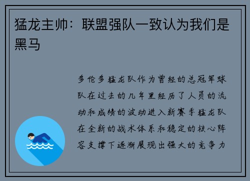 猛龙主帅：联盟强队一致认为我们是黑马